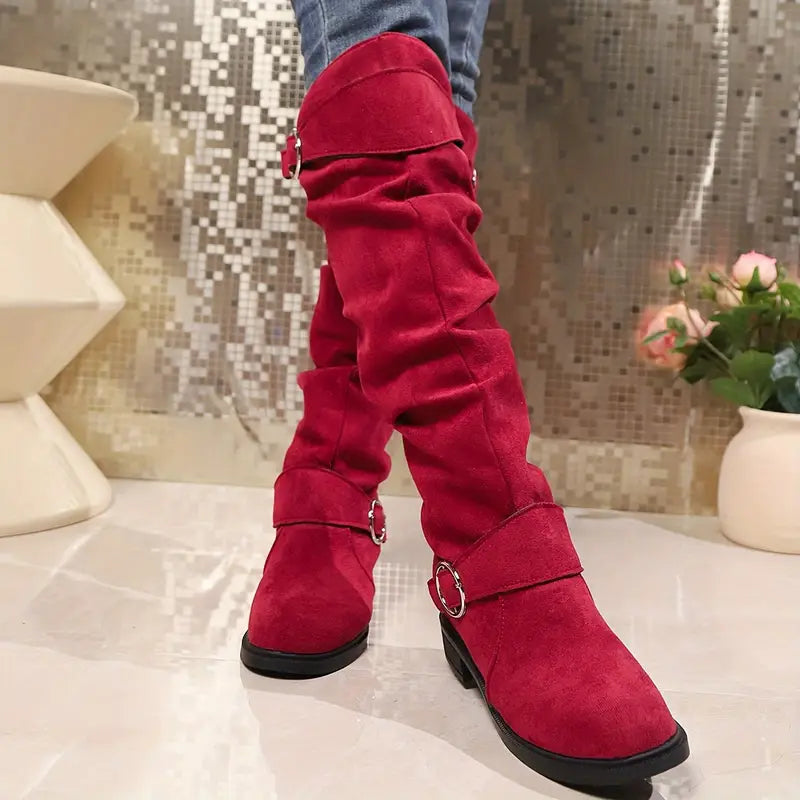 Women's Solid Color Trendy Boots, Buckle Belt Pull On Chunky Heel High Knee Boots