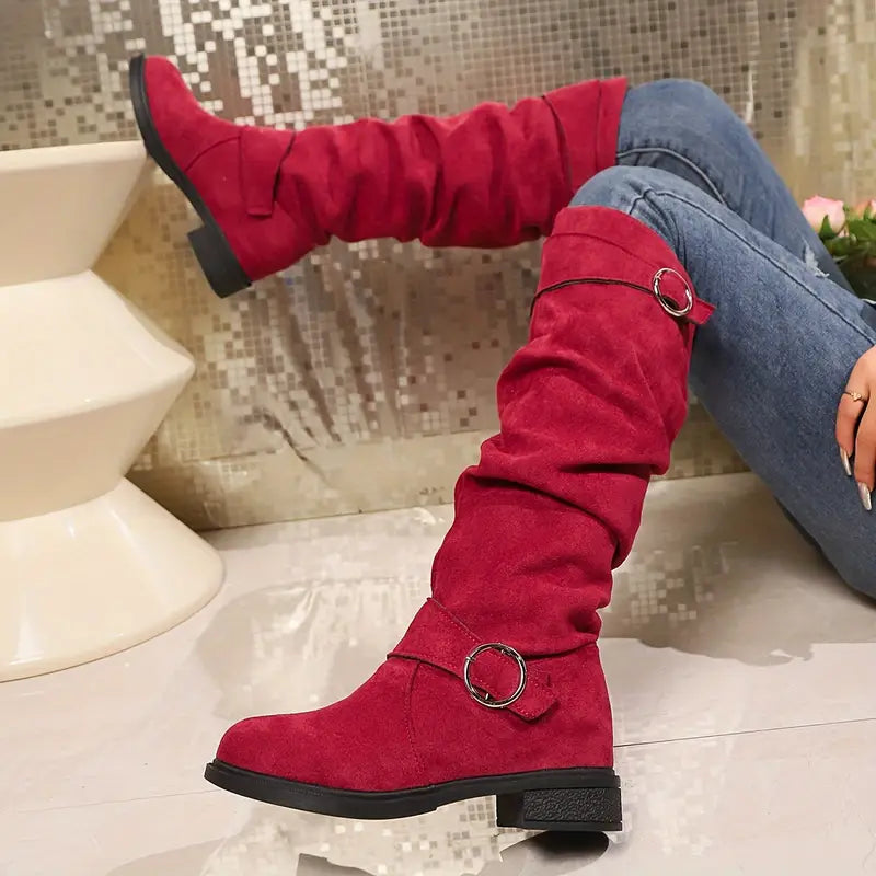 Women's Solid Color Trendy Boots, Buckle Belt Pull On Chunky Heel High Knee Boots