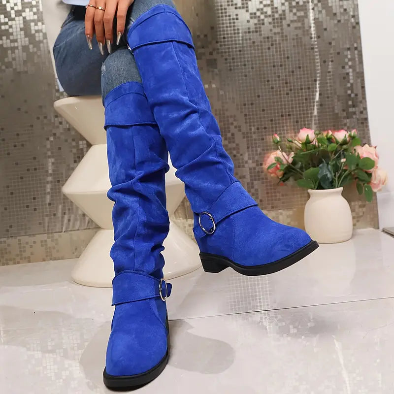 Women's Solid Color Trendy Boots, Buckle Belt Pull On Chunky Heel High Knee Boots